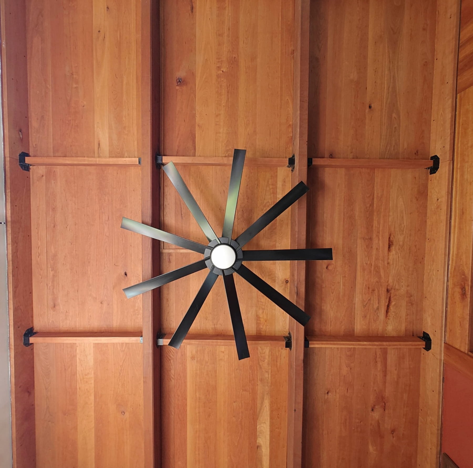 Cherry coffered ceiling with cast-iron joist hangers, Chapel Hill NC