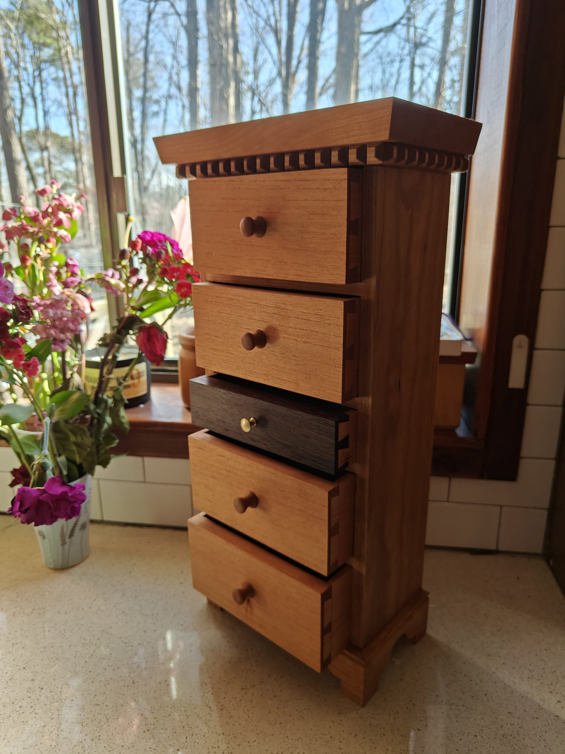 Cherry and wenge chest of drawers with brass hardware, Chapel Hill NC